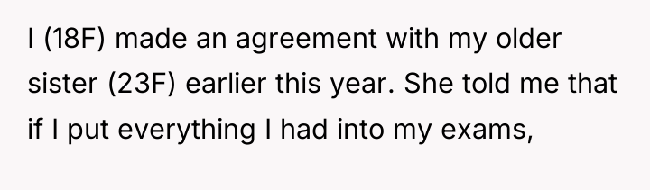 I (18F) made an agreement with my older sister (23F)...