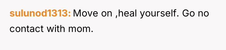 sulunod1313 Move on ,heal yourself. Go no contact with mom.