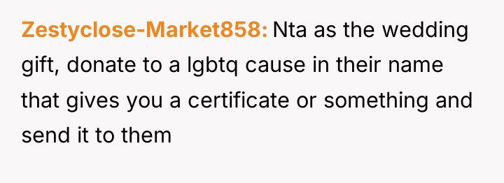 Zestyclose-Market858 Nta as the wedding gift, donate to a lgbtq...