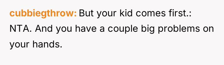 cubbiegthrow But your kid comes first.: NTA. And you have...