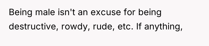 Being male isn't an excuse for being destructive, rowdy, rude,...
