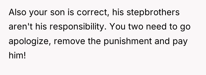 Also your son is correct, his stepbrothers aren't his responsibility....