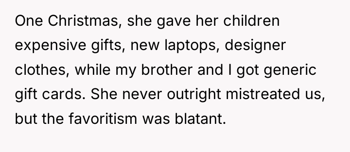 One Christmas, she gave her children expensive gifts, new laptops,...