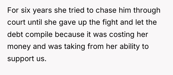 For six years she tried to chase him through court...