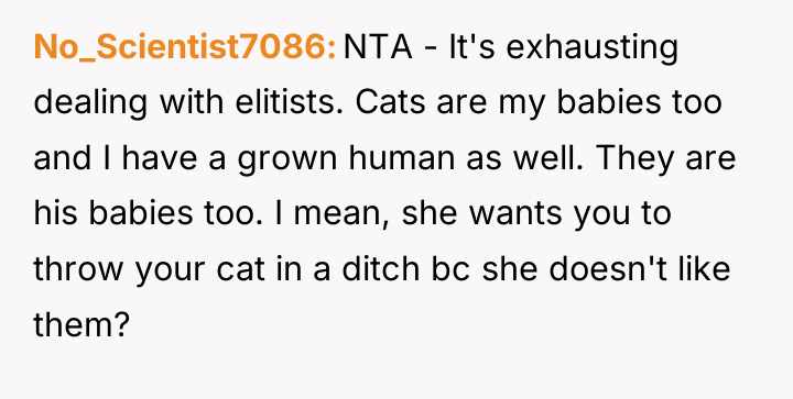 No_Scientist7086 NTA - It's exhausting dealing with elitists. Cats are...