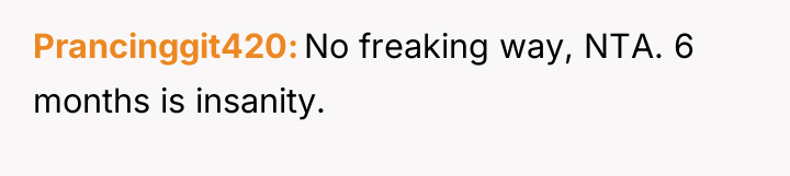 Prancinggit420 No freaking way, NTA. 6 months is insanity.