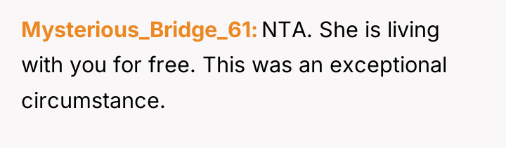 Mysterious_Bridge_61 NTA. She is living with you for free. This...