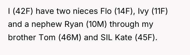 I (42F) have two nieces Flo (14F), Ivy (11F) and...