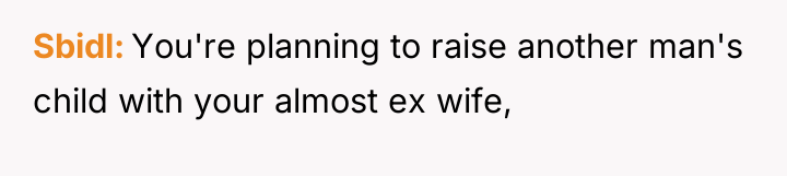 Sbidl You're planning to raise another man's child with your...