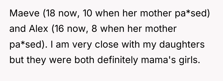 Maeve (18 now, 10 when her mother pa*sed) and Alex...