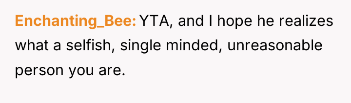 Enchanting_Bee YTA, and I hope he realizes what a selfish,...