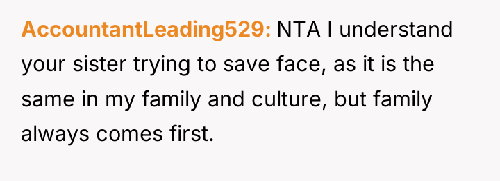 AccountantLeading529 NTA I understand your sister trying to save face,...