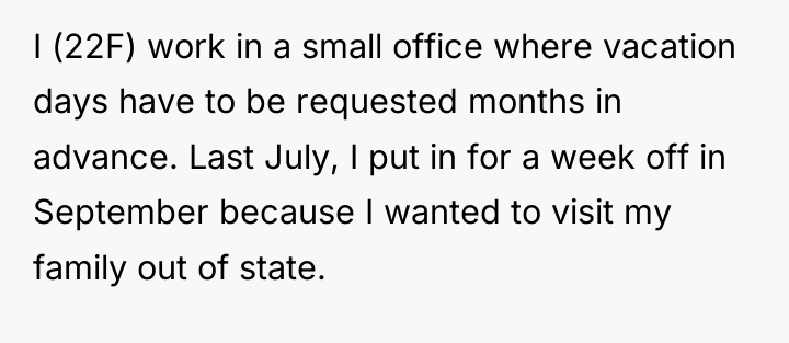 I (22F) work in a small office where vacation days...