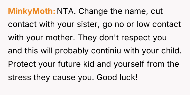 MinkyMoth NTA. Change the name, cut contact with your sister,...