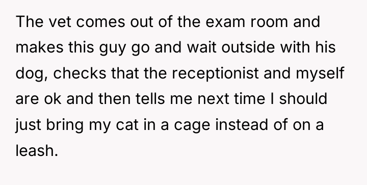 The vet comes out of the exam room and makes...