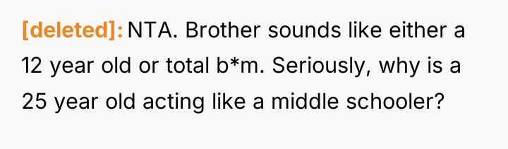 [deleted] NTA. Brother sounds like either a 12 year old...