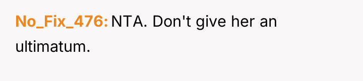 No_Fix_476 NTA. Don't give her an ultimatum.