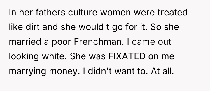 In her fathers culture women were treated like dirt and...