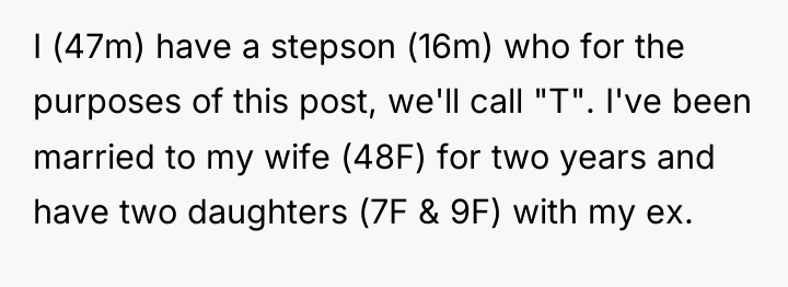 I (47m) have a stepson (16m) who for the purposes...