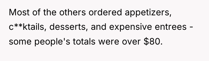 Most of the others ordered appetizers, c**ktails, desserts, and expensive...