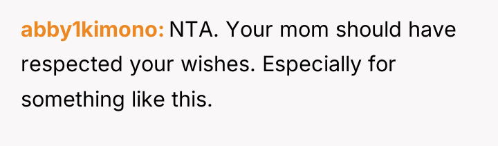 abby1kimono NTA. Your mom should have respected your wishes. Especially...