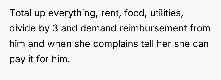 Total up everything, rent, food, utilities, divide by 3 and...