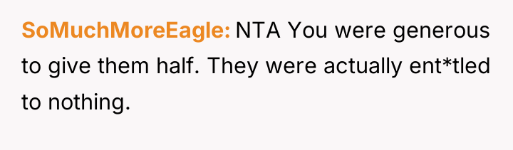 SoMuchMoreEagle NTA You were generous to give them half. They...