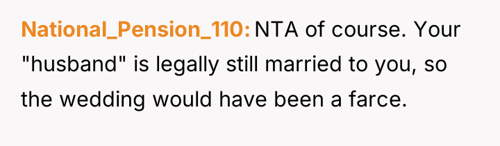 National_Pension_110 NTA of course. Your "husband" is legally still married...