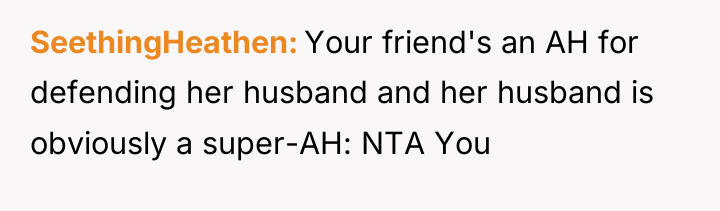 SeethingHeathen Your friend's an AH for defending her husband and...