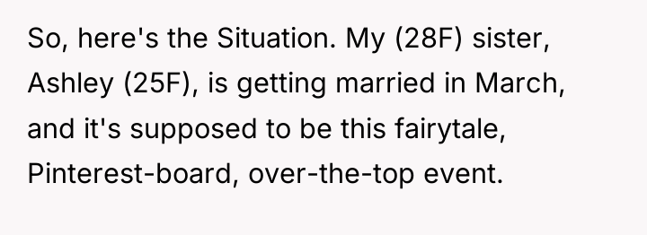 So, here's the Situation. My (28F) sister, Ashley (25F), is...