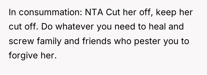 In consummation: NTA Cut her off, keep her cut off....