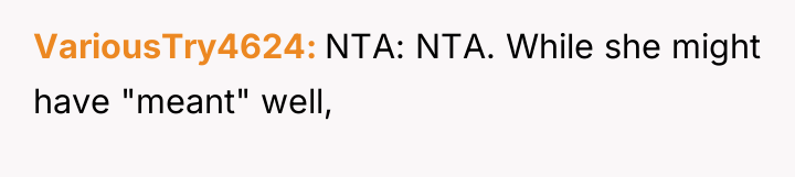 VariousTry4624 NTA: NTA. While she might have "meant" well,