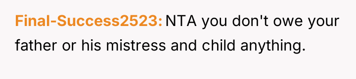 Final-Success2523 NTA you don't owe your father or his mistress...