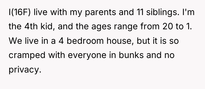 I(16F) live with my parents and 11 siblings. I'm the...