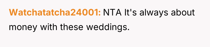 Watchatatcha24001 NTA It's always about money with these weddings.