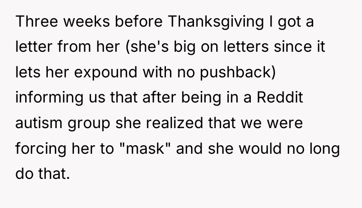 Three weeks before Thanksgiving I got a letter from her...