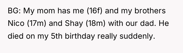 BG: My mom has me (16f) and my brothers Nico...