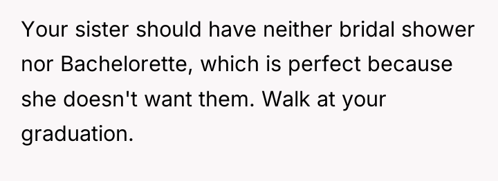 Your sister should have neither bridal shower nor Bachelorette, which...