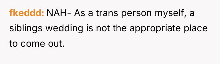 fkeddd NAH- As a trans person myself, a siblings wedding...