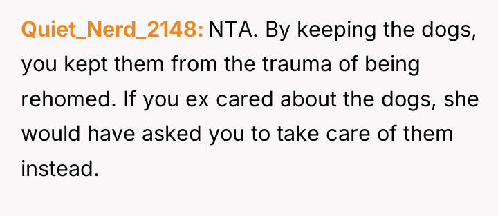 Quiet_Nerd_2148 NTA. By keeping the dogs, you kept them from...