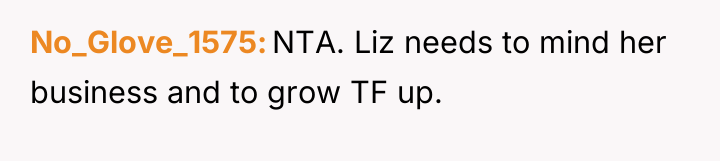 No_Glove_1575 NTA. Liz needs to mind her business and to...