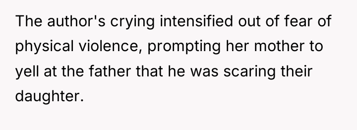 The author's crying intensified out of fear of physical violence,...
