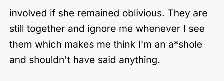 involved if she remained oblivious. They are still together and...
