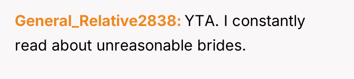 General_Relative2838 YTA. I constantly read about unreasonable brides.