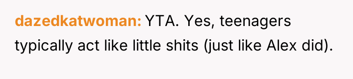dazedkatwoman YTA. Yes, teenagers typically act like little shits (just...