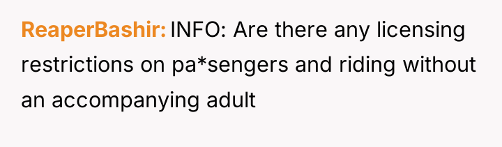 ReaperBashir INFO: Are there any licensing restrictions on pa*sengers and...