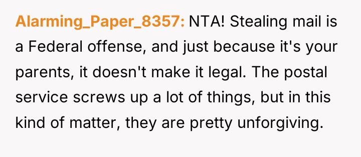 Alarming_Paper_8357 NTA! Stealing mail is a Federal offense, and just...
