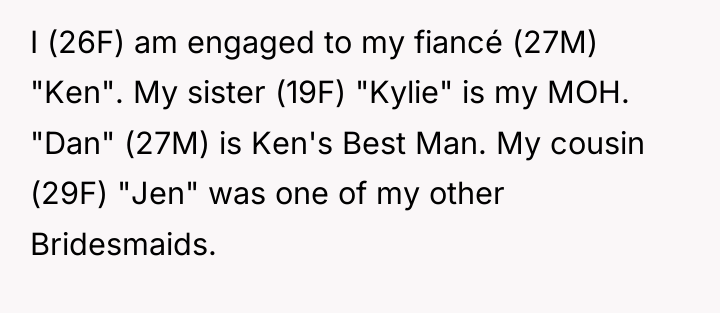I (26F) am engaged to my fiancé (27M) "Ken". My...