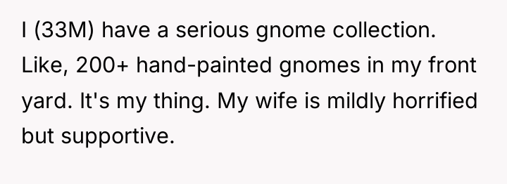 I (33M) have a serious gnome collection. Like, 200+ hand-painted...