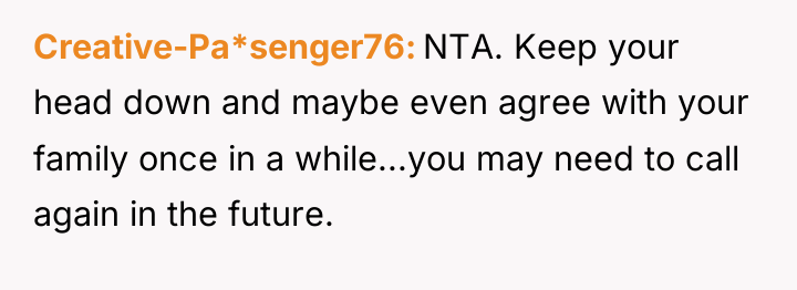 Creative-Pa*senger76 NTA. Keep your head down and maybe even agree...